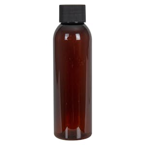 4 oz. Light Amber PET Cosmo Round Bottle with 24/410 Black Ribbed Cap with F217 Liner
