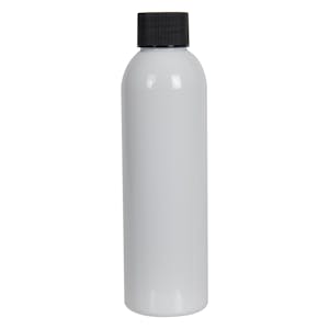 6 oz. White PET Cosmo Round Bottle with 24/410 Black Ribbed Cap with F217 Liner