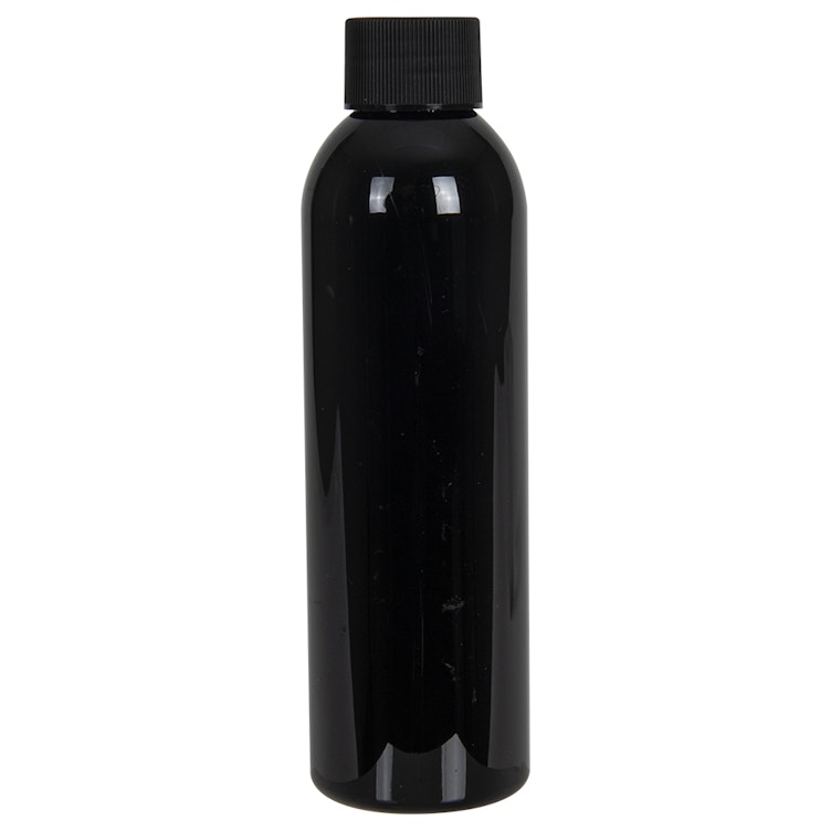 6 oz. Black PET Cosmo Round Bottle with 24/410 Black Ribbed Cap with F217 Liner
