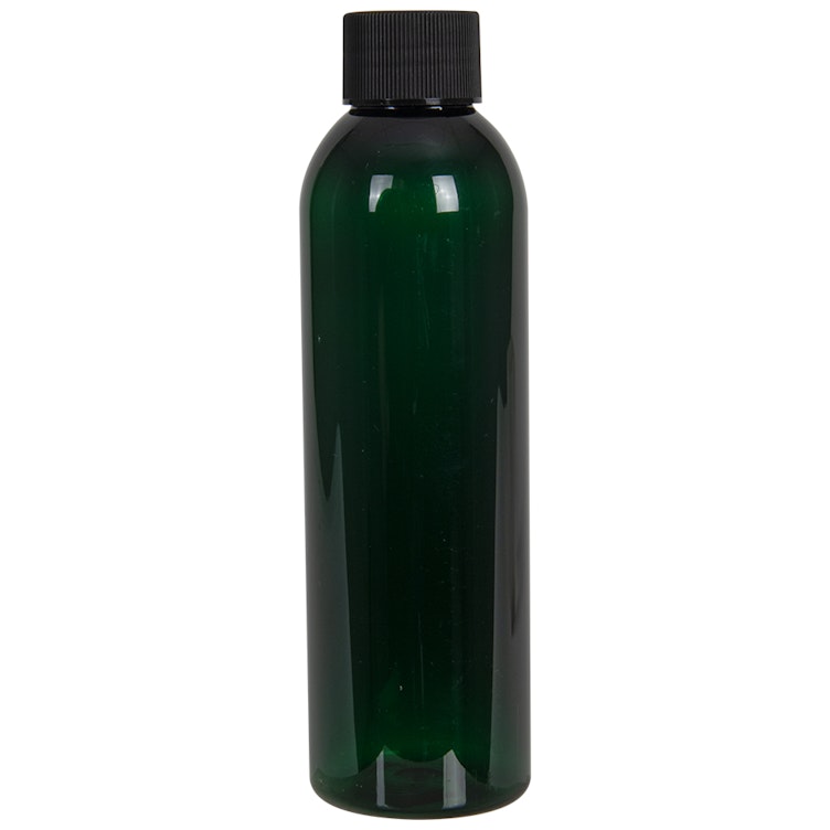 6 oz. Dark Green PET Cosmo Round Bottle with 24/410 Black Ribbed Cap with F217 Liner
