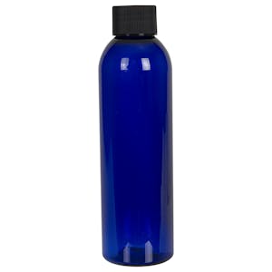 6 oz. Cobalt Blue PET Cosmo Round Bottle with 24/410 Black Ribbed Cap with F217 Liner