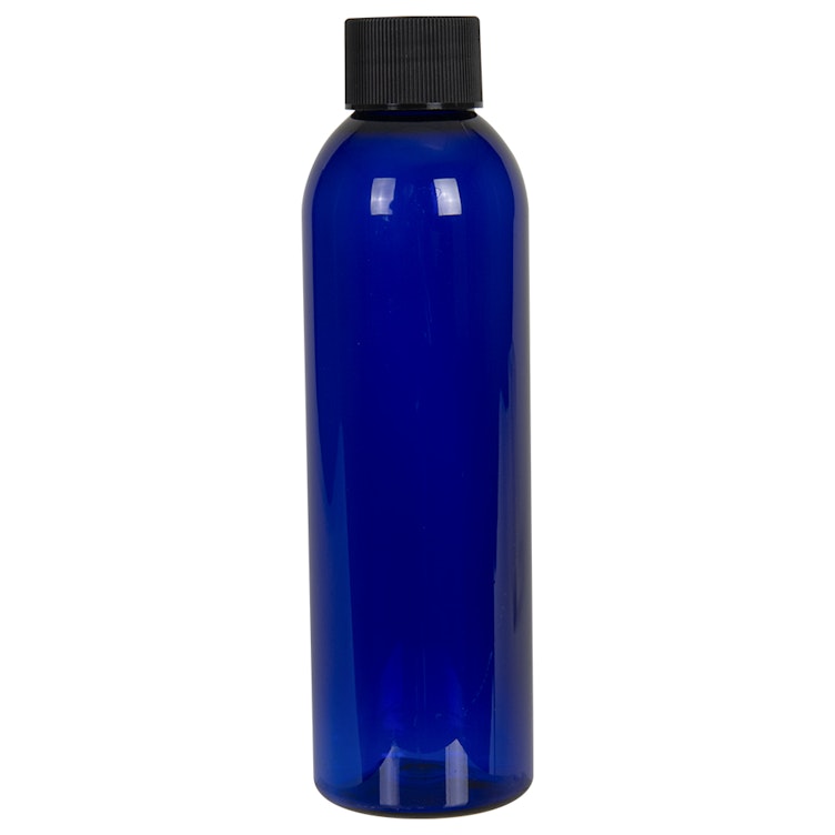 6 oz. Cobalt Blue PET Cosmo Round Bottle with 24/410 Black Ribbed Cap with F217 Liner