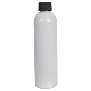 8 oz. White PET Cosmo Round Bottle with 24/410 Black Ribbed Cap with F217 Liner