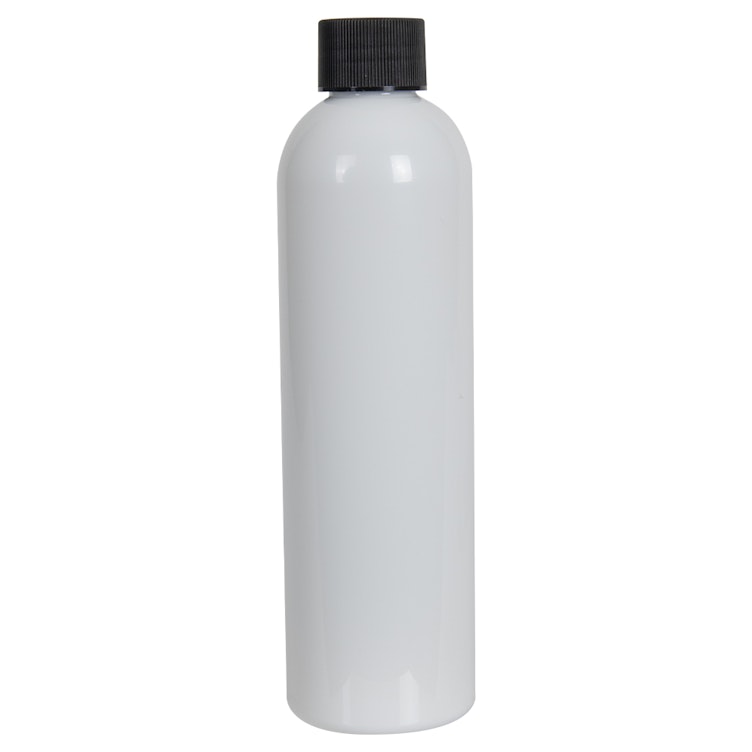 8 oz. White PET Cosmo Round Bottle with 24/410 Black Ribbed Cap with F217 Liner