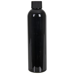 8 oz. Black PET Cosmo Round Bottle with 24/410 Black Ribbed Cap with F217 Liner