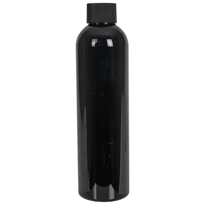 8 oz. Black PET Cosmo Round Bottle with 24/410 Black Ribbed Cap with F217 Liner