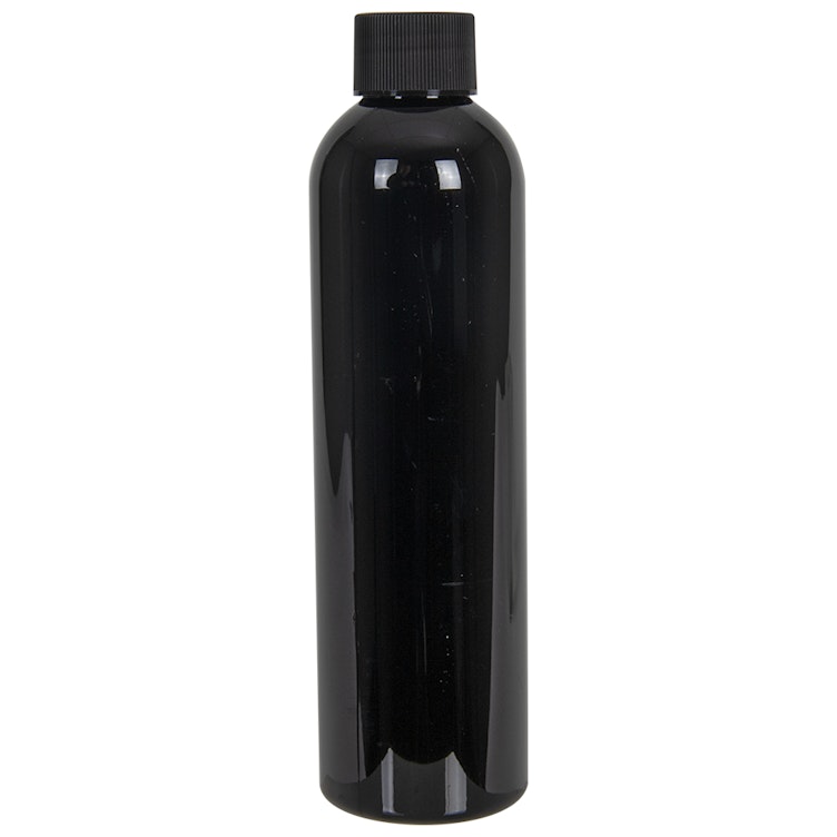 8 oz. Black PET Cosmo Round Bottle with 24/410 Black Ribbed Cap with F217 Liner