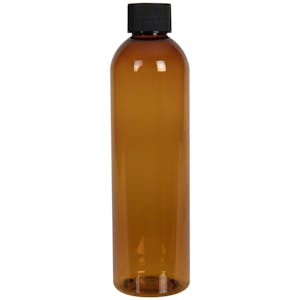 4 oz. Clarified Amber PET Cosmo Round Bottle with 20/410 Black Ribbed Cap with F217 Liner