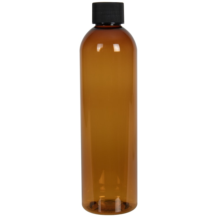 8 oz. Clarified Amber PET Cosmo Round Bottle with 24/410 Black Ribbed Cap with F217 Liner