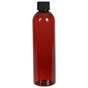 4 oz. Red Amber PET Cosmo Round Bottle with 20/410 Black Ribbed Cap with F217 Liner