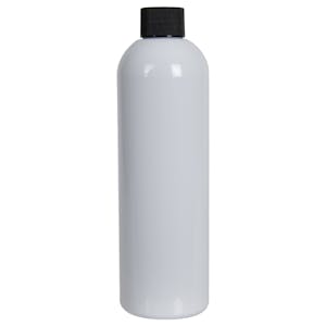 12 oz. White PET Cosmo Round Bottle with 24/410 Black Ribbed Cap with F217 Liner
