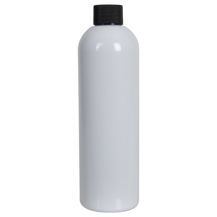 12 oz. White PET Cosmo Round Bottle with 24/410 Black Ribbed Cap with F217 Liner