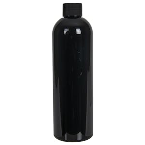 12 oz. Black PET Cosmo Round Bottle with 24/410 Black Ribbed Cap with F217 Liner