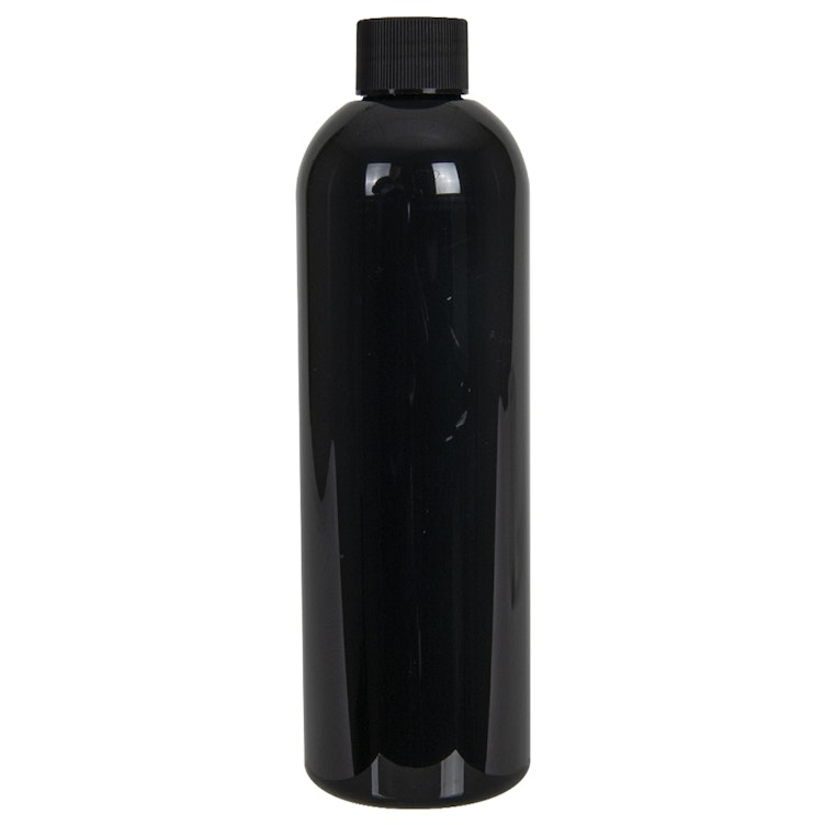 12 oz. Black PET Cosmo Round Bottle with 24/410 Black Ribbed Cap with F217 Liner