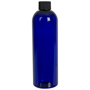 12 oz. Cobalt Blue PET Cosmo Round Bottle with 24/410 Black Ribbed Cap with F217 Liner