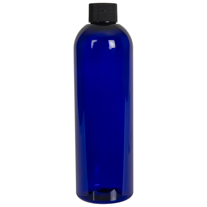 12 oz. Cobalt Blue PET Cosmo Round Bottle with 24/410 Black Ribbed Cap with F217 Liner