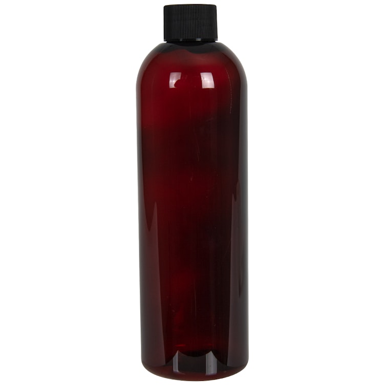12 oz. Light Amber PET Cosmo Round Bottle with 24/410 Black Ribbed Cap with F217 Liner