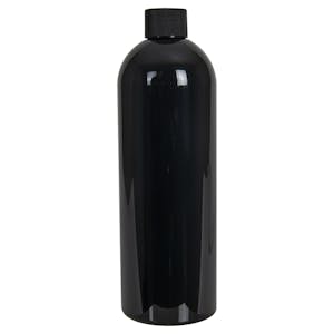 16 oz. Black PET Cosmo Round Bottle with 24/410 Black Ribbed Cap with F217 Liner