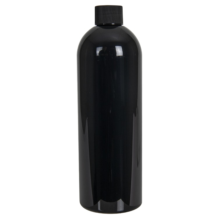16 oz. Black PET Cosmo Round Bottle with 24/410 Black Ribbed Cap with F217 Liner