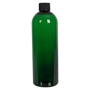 16 oz. Dark Green PET Cosmo Round Bottle with 24/410 Black Ribbed Cap with F217 Liner