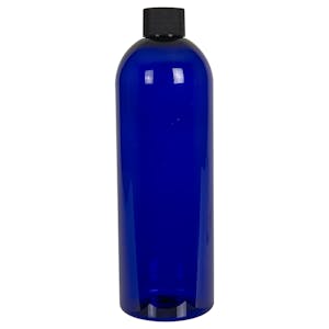 16 oz. Cobalt Blue PET Cosmo Round Bottle with 24/410 Black Ribbed Cap with F217 Liner