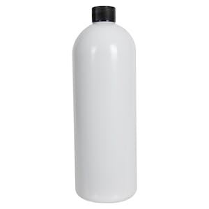 32 oz. White PET Cosmo Round Bottle with 28/410 Black Ribbed Cap with F217 Liner