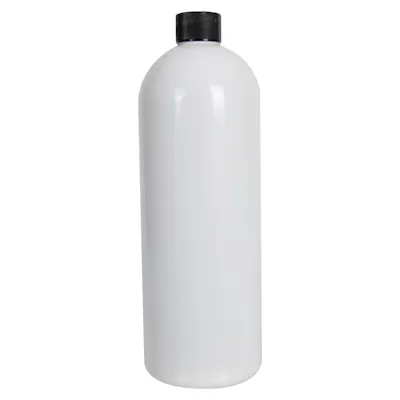 32 oz. White PET Cosmo Round Bottle with 28/410 Black Ribbed Cap with F217 Liner