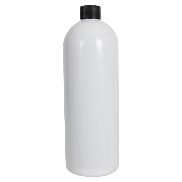 32 oz. White PET Cosmo Round Bottle with 28/410 Black Ribbed Cap with F217 Liner