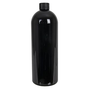 32 oz. Black PET Cosmo Round Bottle with 28/410 Black Ribbed Cap with F217 Liner