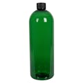 32 oz. Dark Green PET Cosmo Round Bottle with 28/410 Black Ribbed Cap with F217 Liner