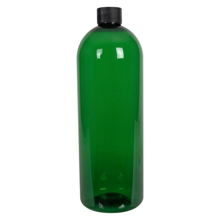 32 oz. Dark Green PET Cosmo Round Bottle with 28/410 Black Ribbed Cap with F217 Liner
