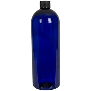 32 oz. Cobalt Blue PET Cosmo Round Bottle with 28/410 Black Ribbed Cap with F217 Liner