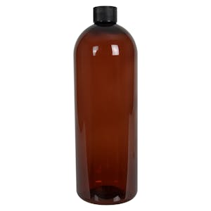 32 oz. Light Amber PET Cosmo Round Bottle with 28/410 Black Ribbed Cap with F217 Liner