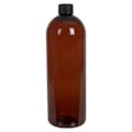 32 oz. Light Amber PET Cosmo Round Bottle with 28/410 Black Ribbed Cap with F217 Liner