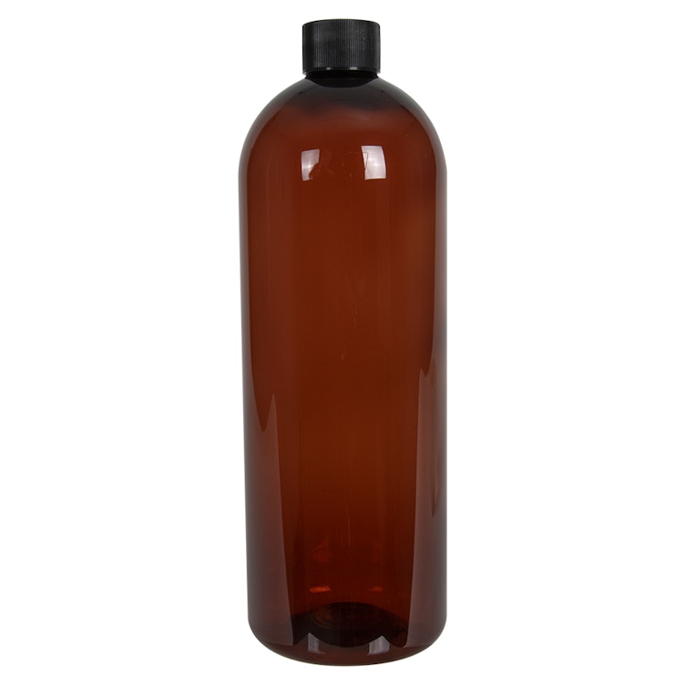 32 oz. Light Amber PET Cosmo Round Bottle with 28/410 Black Ribbed Cap with F217 Liner