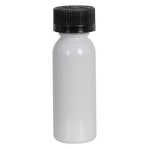 1 oz. White PET Cosmo Round Bottle with 20/400 Black Ribbed CRC Cap with F217 Liner