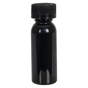 1 oz. Black PET Cosmo Round Bottle with 20/400 Black Ribbed CRC Cap with F217 Liner
