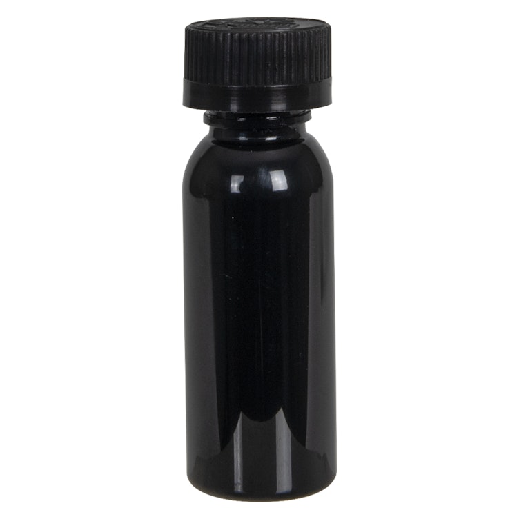 1 oz. Black PET Cosmo Round Bottle with 20/400 Black Ribbed CRC Cap with F217 Liner