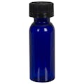 1 oz. Cobalt Blue PET Cosmo Round Bottle with 20/400 Black Ribbed CRC Cap with F217 Liner