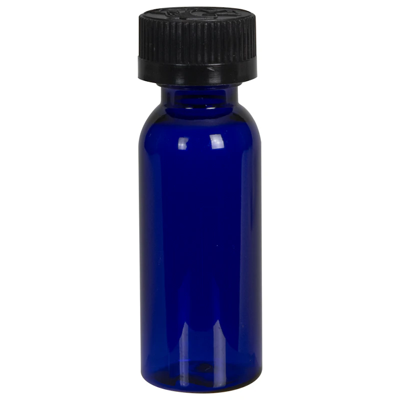 1 oz. Cobalt Blue PET Cosmo Round Bottle with 20/400 Black Ribbed Child-Resistant Cap (CRC) with F217 Liner