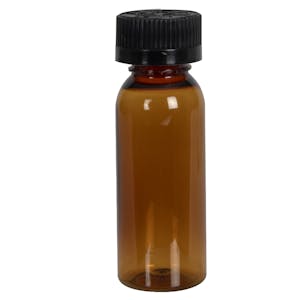 1 oz. Clarified Amber PET Cosmo Round Bottle with 20/400 Black Ribbed CRC Cap with F217 Liner
