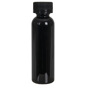 2 oz. Black PET Cosmo Round Bottle with 20/400 Black Ribbed CRC Cap with F217 Liner