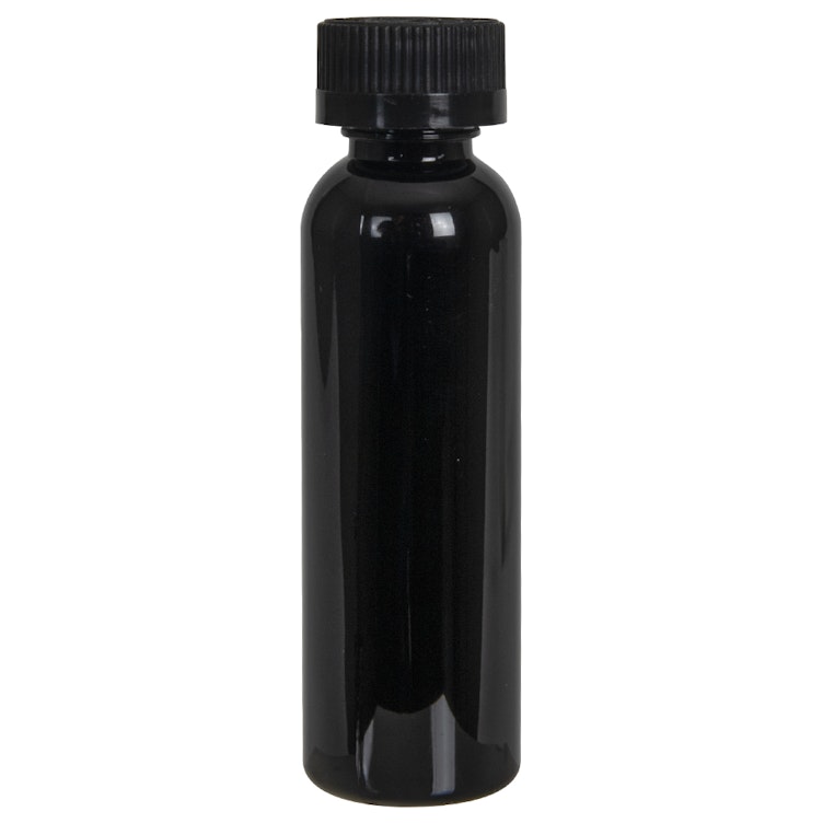2 oz. Black PET Cosmo Round Bottle with 20/400 Black Ribbed CRC Cap with F217 Liner