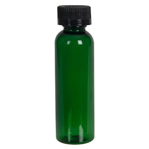 2 oz. Dark Green PET Cosmo Round Bottle with 20/400 Black Ribbed CRC Cap with F217 Liner