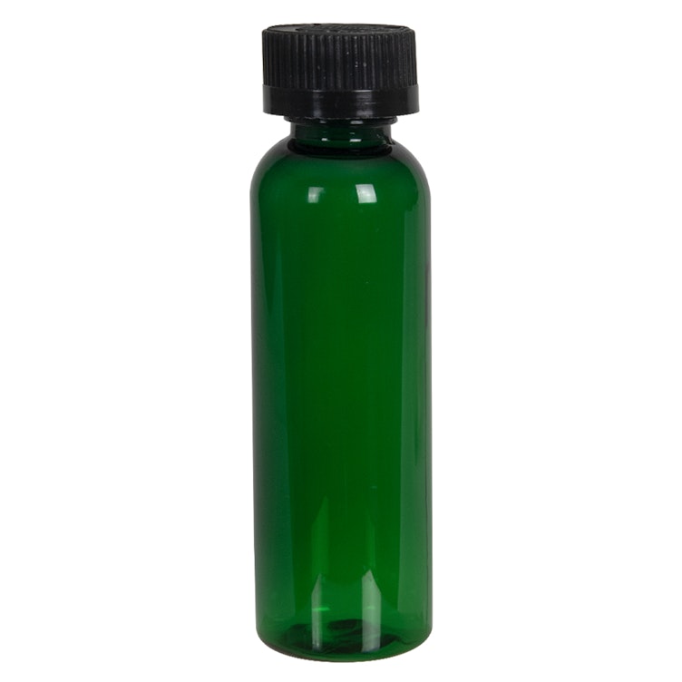 2 oz. Dark Green PET Cosmo Round Bottle with 20/400 Black Ribbed CRC Cap with F217 Liner