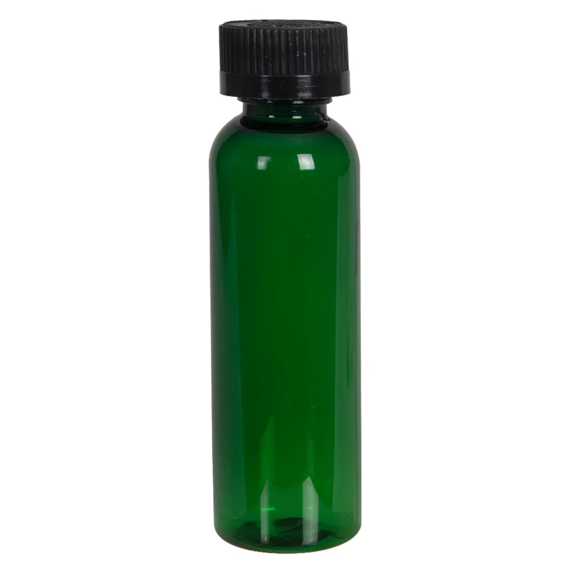 2 oz. Dark Green PET Cosmo Round Bottle with 20/400 Black Ribbed CRC Cap with F217 Liner