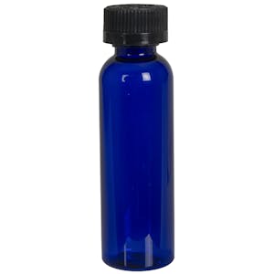 2 oz. Cobalt Blue PET Cosmo Round Bottle with 20/400 Black Ribbed CRC Cap with F217 Liner