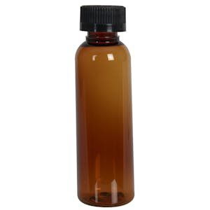 2 oz. Clarified Amber PET Cosmo Round Bottle with 20/400 Black Ribbed CRC Cap with F217 Liner