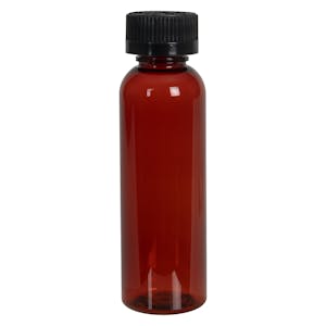 4 oz. Red Amber PET Cosmo Round Bottle with 20/400 Black Ribbed CRC Cap with F217 Liner