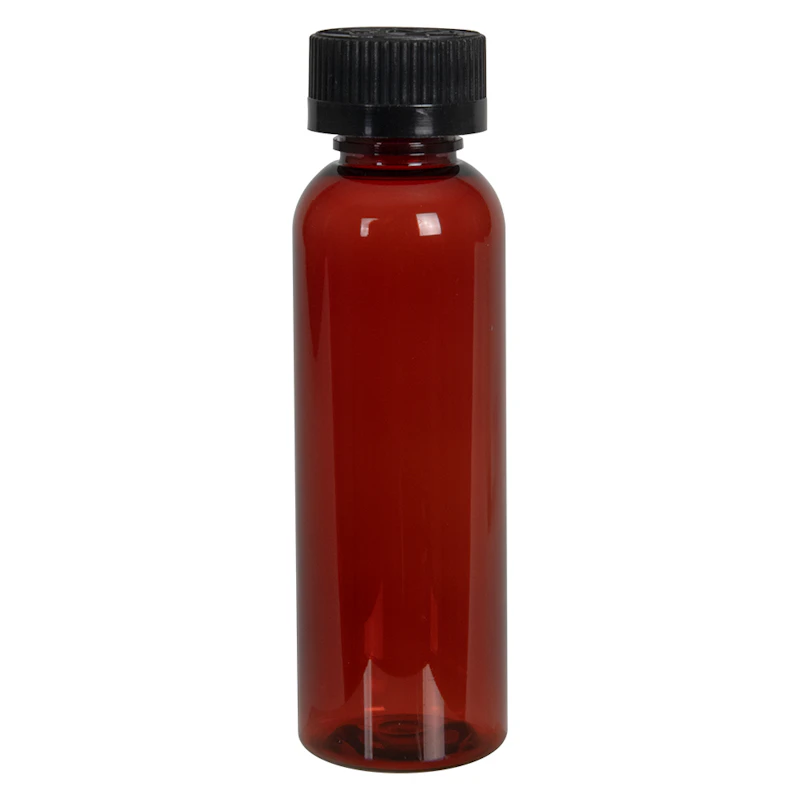 2 oz. Red Amber PET Cosmo Round Bottle with 20/400 Black Ribbed CRC Cap with F217 Liner